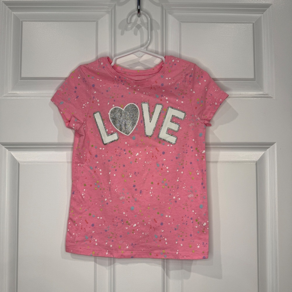 Garanimals Girls Pink Paint Splatter LOVE Glitter‎ Heart Tee Shirt Size 5T